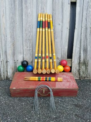 Vintage Wooden Croquet Set 6 Mallets Wickets 6 Balls Two Stakes Wood Box.
