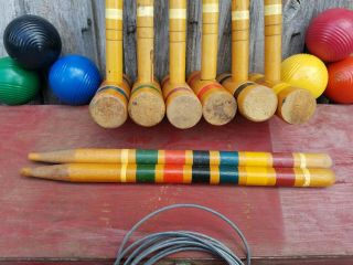 Vintage Wooden Croquet Set 6 Mallets Wickets 6 Balls Two Stakes Wood Box. 3