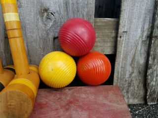 Vintage Wooden Croquet Set 6 Mallets Wickets 6 Balls Two Stakes Wood Box. 5