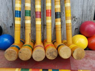 Vintage Wooden Croquet Set 6 Mallets Wickets 6 Balls Two Stakes Wood Box. 6