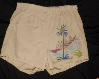 Vtg 40s 50s Hawaiian Shirt Style Bathing Suit Indigenous Mens Swim Trunks Nos M