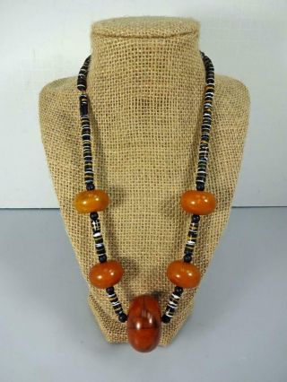 Vintage Large Caramel Bakelite W/heishi Like Beads On Sterling Chain Necklace