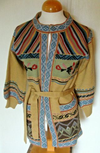 Vintage 70s Cowichan Wrap Ethnic Boho Hippy Puff Sleeve Cardigan Sweater M Wool