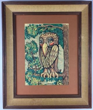 Vintage Stylized Owl In A Tree Watercolor Painting By Seitzinger