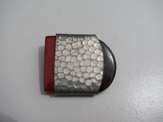 Rare Antique Vtg.  Art Deco Red Lucite Hammered Silver Metal Painted Sewing Button