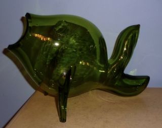 Vintage Mcm Mid Century Modern Blenko Art Glass Green Fish Sculpture Vase13 "