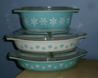 6 Pc Vtg Pyrex Casserole Turquoise Blue Snowflake Divided Dishes 043,  963 & Lids