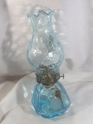 Vintage Blue Fostoria Coin Glass Kerosene Lamp & Chimney Burner Eagle Bell