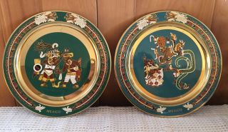 Vintage Mayan Aztec Mexico Brass With Enamel Wall Hanging Plate Set Of 2