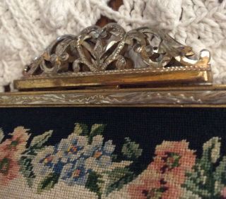 ANTIQUE PETIT POINT TAPESTRY PURSE BAG FLORAL Garden Needlepoint Silver Heart 2