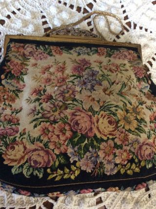 ANTIQUE PETIT POINT TAPESTRY PURSE BAG FLORAL Garden Needlepoint Silver Heart 4