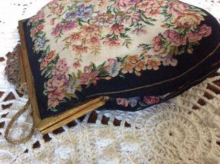 ANTIQUE PETIT POINT TAPESTRY PURSE BAG FLORAL Garden Needlepoint Silver Heart 7