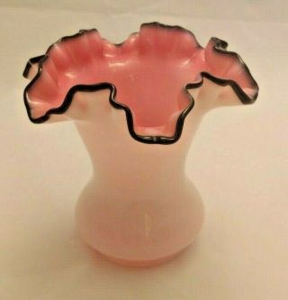 Vintage Fenton 6.  5 " Black Rose Crest Double Ruffle Pink Milk Glass Vase