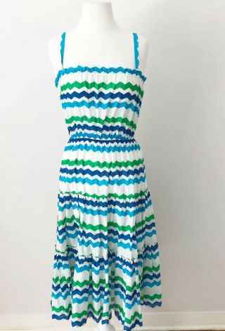 Vtg 70s Deweese Designs M Midi Sun Dress Chevron Tiered White Blue Green Cotton
