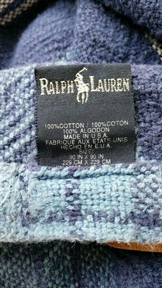 Ralph Lauren Blanket Cotton Blue White Tartan Plaid Vintage Made in USA 86 