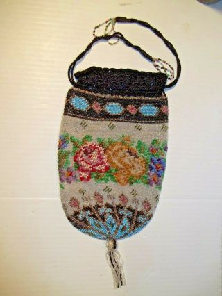 Antique Glass Micro Bead Drawstring Purse Evening Bag 5