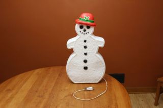 Vintage Union Products Lighted Blow Mold 24 " Snow Man With Red Hat & Light Cord