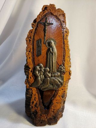 Vintage Our Lady Of Fatima Virgin Mary Portugal Cork Statue With Bronze Plates