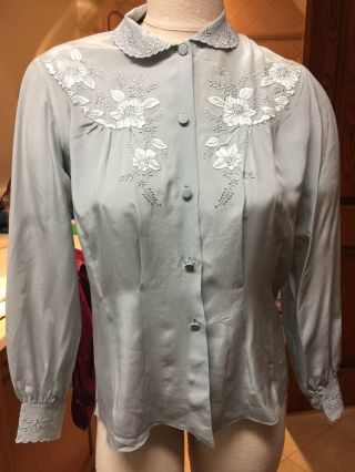 Vintage Tramo Of Switzerland 100 Silk Ls Gray Embroidered Top Blouse Sz 40/8 Fs