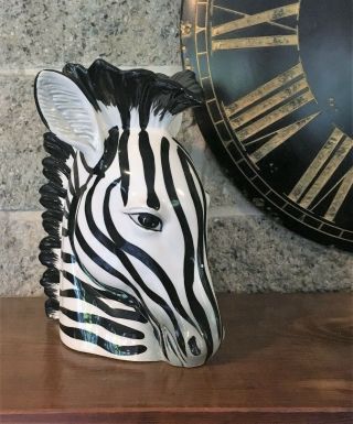 Vintage 9 " Tall Fitz And Floyd Ff Zebra Head Vase White & Black Rare Ceramic