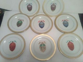 Vtg Set Of 8 Gold Buffet Royal Gallery Faberge Egg Porcelain China Salad Plates