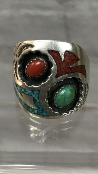 Sarah Curley Old Pawn Navajo Vintage Sterling Silver Turquoise Coral Ring Sz 12