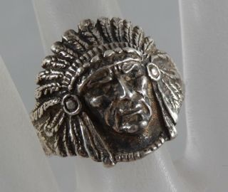 Vintage Estate Sterling Silver Indian Chief Head Biker Ring Size 11 F0779
