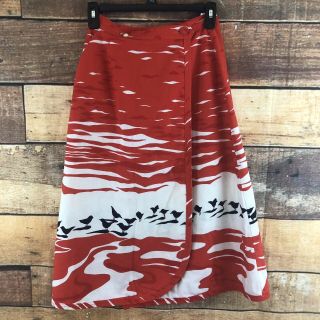 Vtg 60/70’s Malia Honolulu Wrap Skirt Size 10 Red/white Navy Blue Birds W/pocket