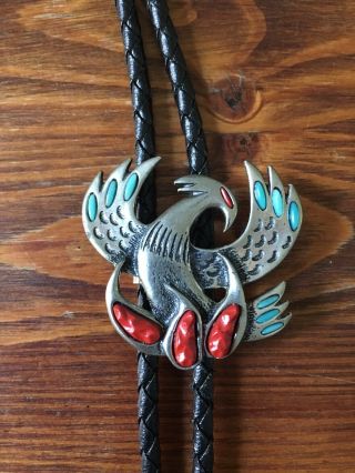Vintage Native American Silver Turquoise Coral Bolo Tie