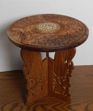 Vtg Eastern Indian Style Carved & Bone Inlaid Wood Table With Folding Base
