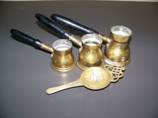 Vintage Turkish Set Of 3 Brass Coffee Pots.  Wooden Handles And Brass Strainer