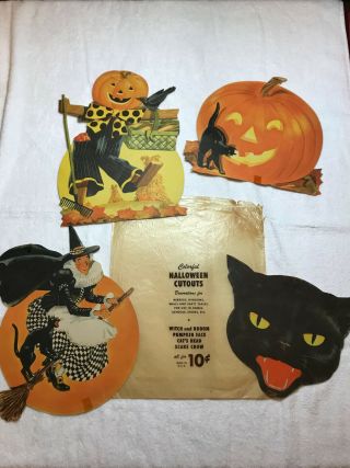 Set Of 4 Large Assorted Vintage Halloween Cutouts With13 " Glassine Envelope - 1940