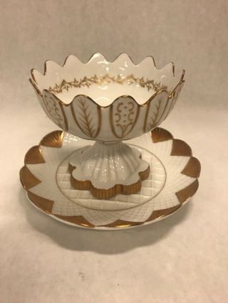 Vintage 2 Pc Marked Portugal Porcelain Dish Plate Pedestal Candy Gold Edge