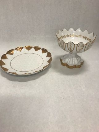 Vintage 2 pc marked portugal porcelain dish plate pedestal candy gold edge 2