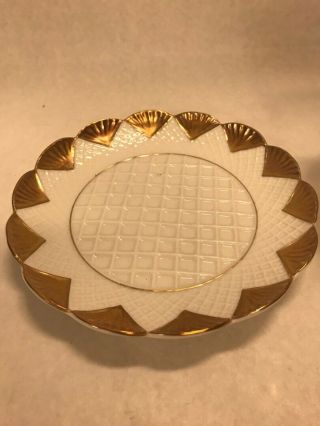 Vintage 2 pc marked portugal porcelain dish plate pedestal candy gold edge 3