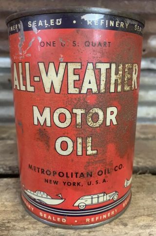 Vtg 40s All - Weather Motor Oil Metropolitan Oil Ny Metal Quart Can Gas Station Nr