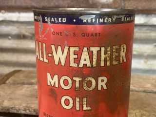 Vtg 40s ALL - WEATHER MOTOR OIL METROPOLITAN OIL NY Metal Quart Can Gas Station NR 2