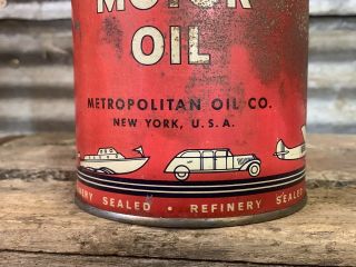 Vtg 40s ALL - WEATHER MOTOR OIL METROPOLITAN OIL NY Metal Quart Can Gas Station NR 3