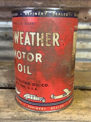 Vtg 40s ALL - WEATHER MOTOR OIL METROPOLITAN OIL NY Metal Quart Can Gas Station NR 8