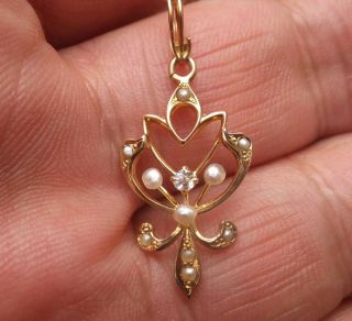 Vintage Antique 10k Gold Diamond Seed Pearl Victorian Lavalier Necklace