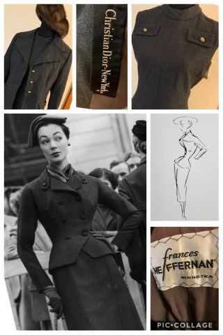 Vintage 1950s Christian Dior York Gray Pinup Dress Suit Jacket Medium