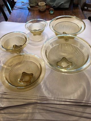 Vintage Depression Era Hocking Yellow Rolled Rim Nested Set Of 5 Mixing Bowls