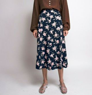 Vintage 90s Navy Blue,  Pink Floral Print High Waist Midi Market Skirt Large