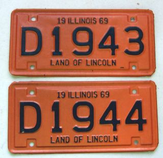 Two Vintage 1969 Illinois Motorcycle License Plate Orange & Black D1943 & D1944