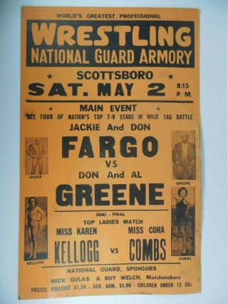 Vintage Wrestling Poster Nick Gulas Welch Jackie Fargo Cora Combs Nwa Cwa Wwf