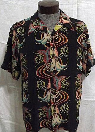 ATOMIC Vtg Avanti Hawaiian Mens Shirt 100 Silk M Black Psychedelic 2