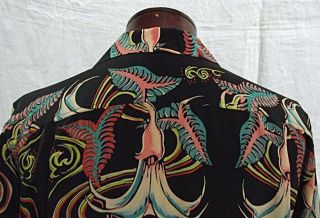 ATOMIC Vtg Avanti Hawaiian Mens Shirt 100 Silk M Black Psychedelic 7