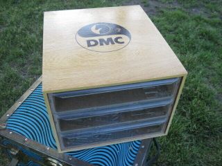 Vintage Dmc Wood Storage Box W/plastic Drawers Horse Logo France