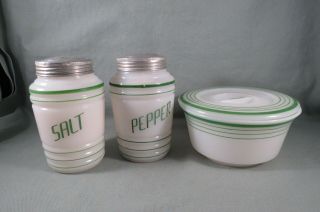 Vintage Green Stripe Hazel Atlas Salt & Pepper Shaker,  Grease Drippings Bowl