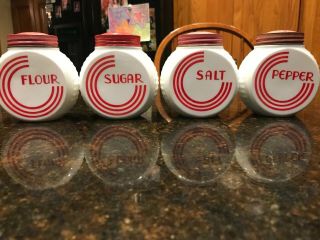Set Of 4 White Red Vintage Round Shakers Salt Pepper Sugar Flour Euc